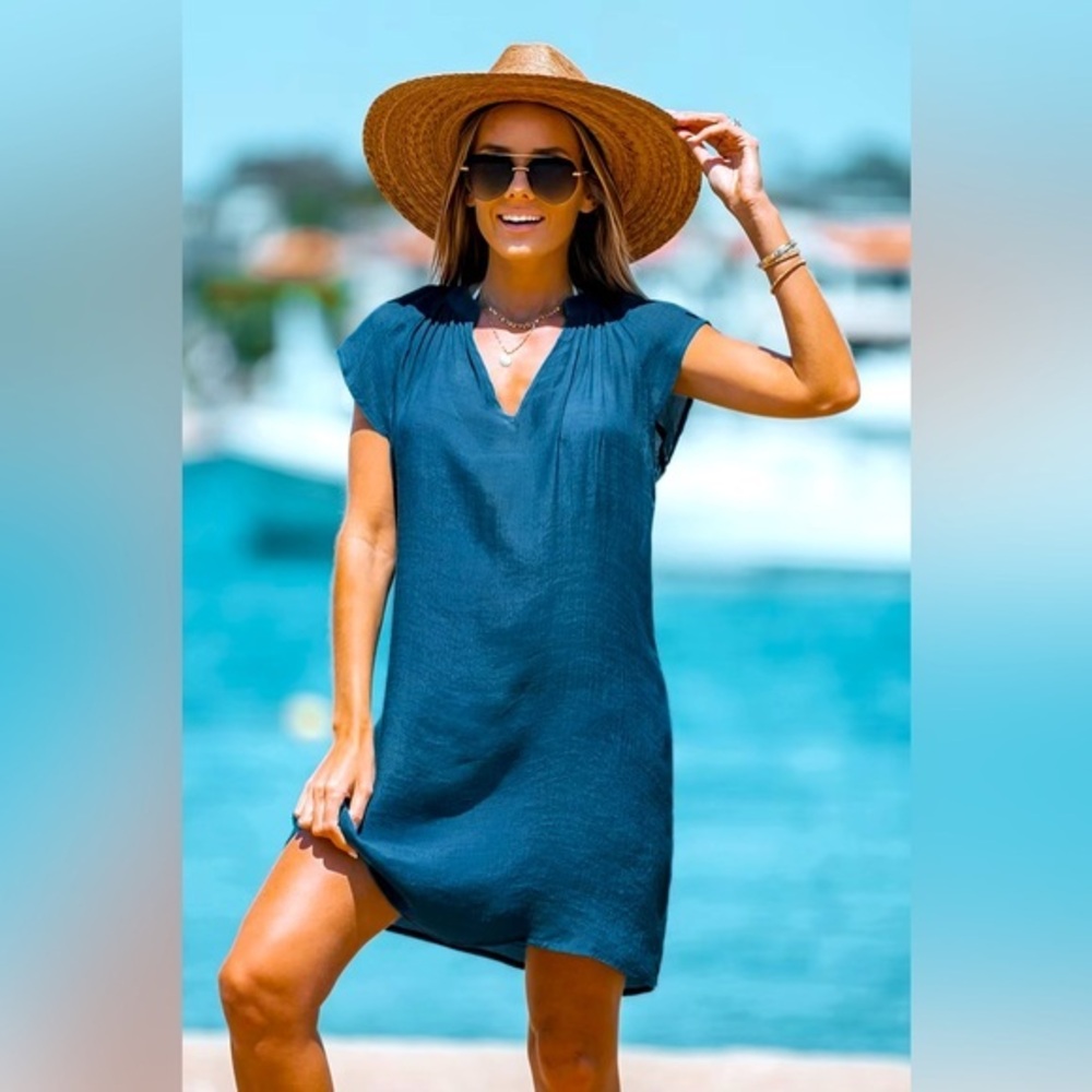 Cupshe V-Neck‎ Short Sleeve Mini Cover-Up Dress, Cobalt, Small